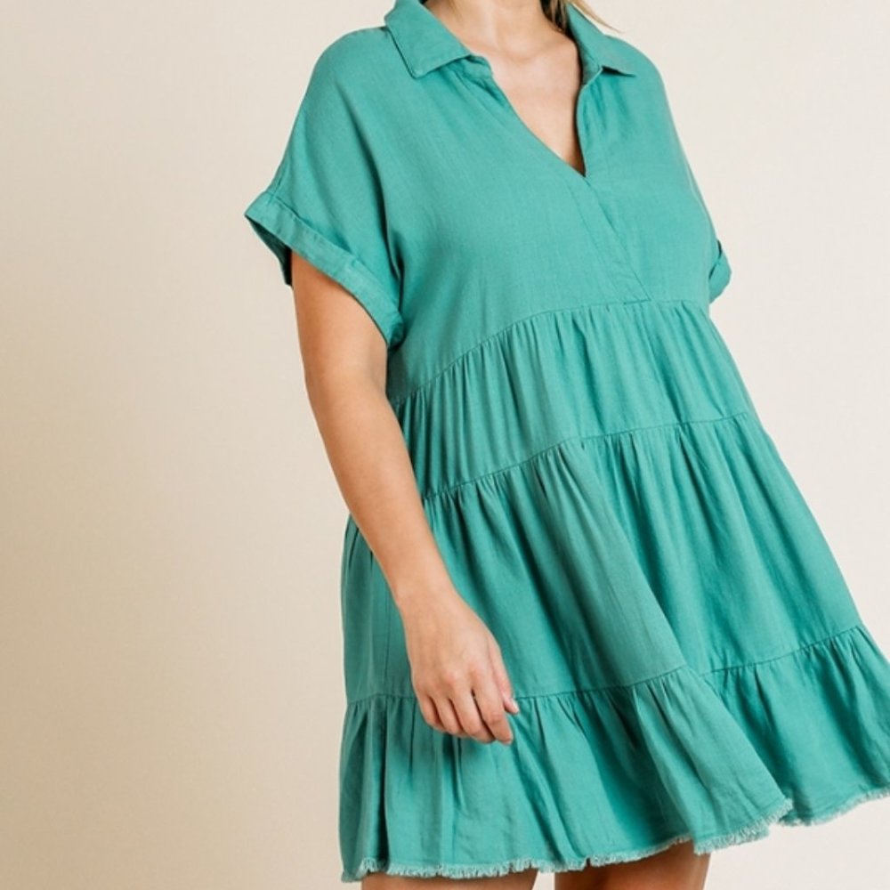 Umgee Plus Jade Frayed Ruffle Hem Tiered Dress - Picture 2 of 4